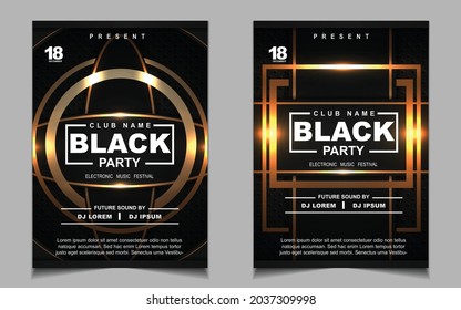 Arrière-plan motif flyer de la musique de couverture avec mise en page couleur éclats dorés sur style sombre. Image vectorielle d'électro clair pour l'événement festival concert, danse, disco, invitation à la discothèque
