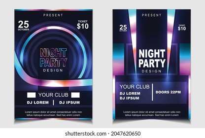 Cover music poster flyer design template background with layout colorful on dark blue glitters style. Light electro vector for event festival concert, dancing, disco, night club invitation