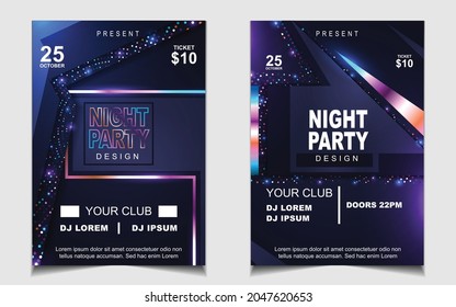 Cover music poster flyer design template background with layout colorful on dark blue glitters style. Light electro vector for event festival concert, dancing, disco, night club invitation