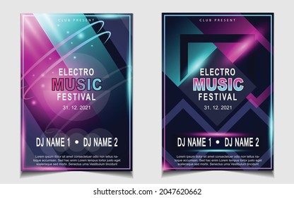 Arrière-plan modèle de prospectus de musique de couverture avec disposition colorée sur fond gris bleu foncé. Image vectorielle d'électro clair pour l'événement festival concert, danse, disco, invitation à la discothèque