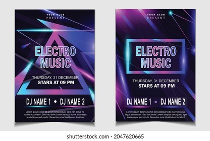 Cover music poster flyer design template background with layout colorful on dark blue glitters style. Light electro vector for event festival concert, dancing, disco, night club invitation