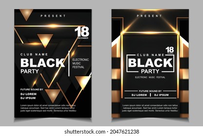 Cover music poster flyer design template background with layout gold glitters color on dark style. Light electro vector for event festival concert, dancing, disco, night club invitation