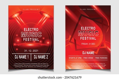 Cover music poster flyer design template background with layout red color on dark glitters style. Light electro vector for event festival concert, dancing, disco, night club invitation