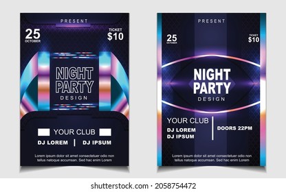 Cover music poster flyer design template background with layout colorful on dark blue glitters style. Light electro vector for event festival concert, dancing, disco, night club invitation