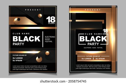 Cover music poster flyer design template background with layout gold glitters color on dark style. Light electro vector for event festival concert, dancing, disco, night club invitation