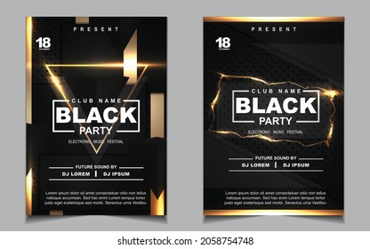 Cover music poster flyer design template background with layout gold glitters color on dark style. Light electro vector for event festival concert, dancing, disco, night club invitation