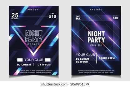 Cover music poster flyer design template background with layout colorful on dark blue glitters style. Light electro vector for event festival concert, dancing, disco, night club invitation