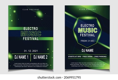 Arrière-plan du modèle de prospectus de musique de couverture avec couleur de dégradé de mise en page sur un style de reflets foncés. Image vectorielle d'électro clair pour l'événement festival concert, danse, disco, invitation à la discothèque