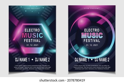 Cover music poster flyer design template background with layout colorful on dark blue glitters style. Light electro vector for event festival concert, dancing, disco, night club invitation