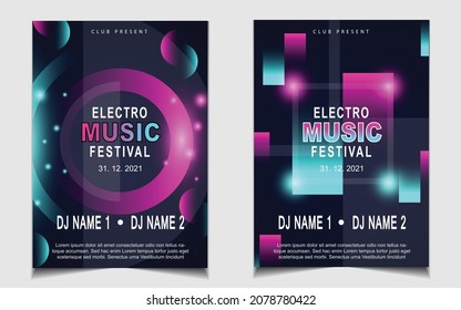 Cover music poster flyer design template background with layout colorful on dark blue glitters style. Light electro vector for event festival concert, dancing, disco, night club invitation