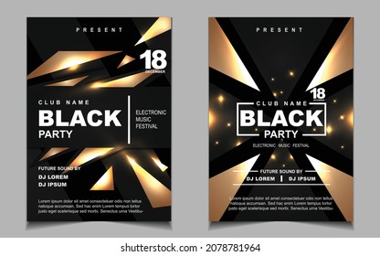 Cover music poster flyer design template background with layout gold glitters color on dark style. Light electro vector for event festival concert, dancing, disco, night club invitation