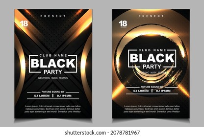 Cover music poster flyer design template background with layout gold glitters color on dark style. Light electro vector for event festival concert, dancing, disco, night club invitation