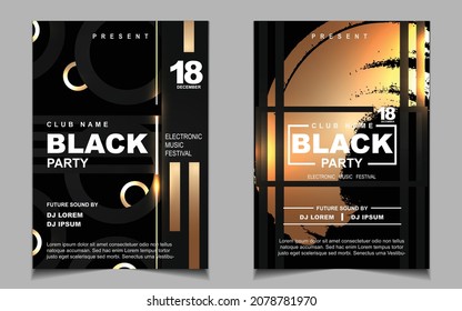 Arrière-plan motif flyer de la musique de couverture avec mise en page couleur éclats dorés sur style sombre. Image vectorielle d'électro clair pour l'événement festival concert, danse, disco, invitation à la discothèque