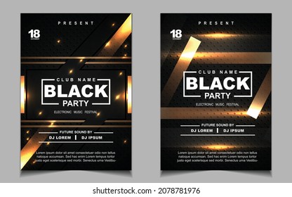 Cover music poster flyer design template background with layout gold glitters color on dark style. Light electro vector for event festival concert, dancing, disco, night club invitation