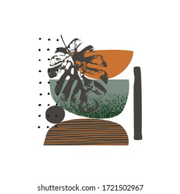 Cover with natural geometric pattern. Modern geo layout: abstract rounded shapes, grunge tropical leaf, grain texture in 80s, 90s minimal flat style. Geometrical Scandinavian poster design.