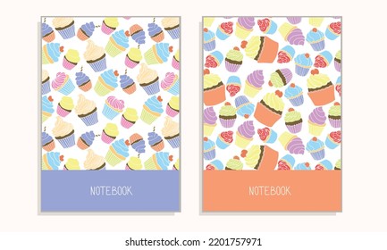 Cover for notebook or any documents with cupcakes. Deserts, sweet vector illustration