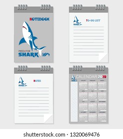 Cover notebook, calendar 2019, to-do list and notes. Set of planners with the emblem of a shark, life planning and business for the club of fans of spearfishing, swimming, fishing.