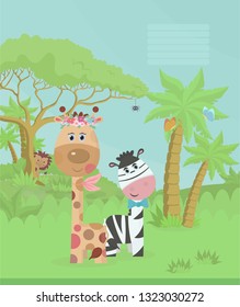 Cover for notebook, exercise book, for notepad, exercise book. Funny Zebra with a giraffe on the nature. Color vector illustration, landscape with palm trees, trees, lion, grass.