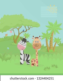 Cover for notebook, exercise book, for notepad, exercise book. Color vector illustration with funny Zebra and giraffe in nature.