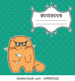 cover notebook with a frame for a name and a funny cat with glasses