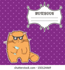 cover notebook with a frame for a name and a funny cat with glasses