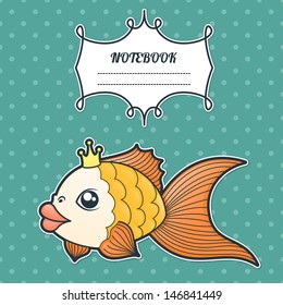 cover notebook with a frame for a name and a goldfish on a retro background