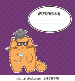 cover notebook with a frame for a name and a graduate of funny cat with glasses, celebrating with a cocktail