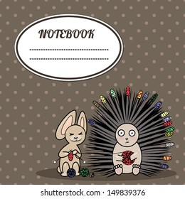 cover notebook with a frame for a name and a hare with a crew cut, symbolizing friendship
