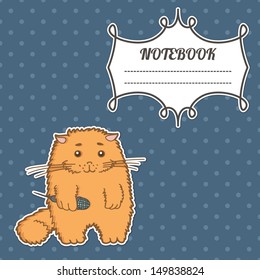 cover notebook with a frame for a name and a kitten musician