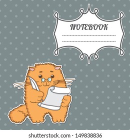 cover notebook with a frame for a name and a kitten writer with a pen and paper