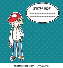 cover notebook with a frame for a name and a smiling boy student with a backpack