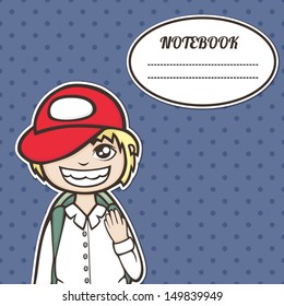 cover notebook with a frame for a name and a smiling boy student with a backpack