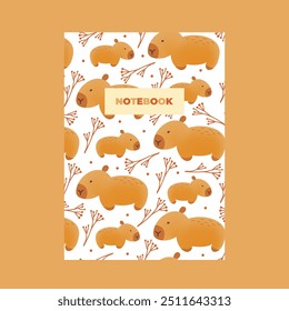 Cover of notebook with hand draw seamless pattern of capybaras with leaves. Vector illustration in flat doodle style. Cartoon cute animal for print.Kids illustration.Page template,planners.