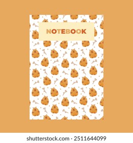 Cover of notebook with hand draw seamless pattern of capybaras with leaves. Vector illustration in flat style. Cartoon cute kawaii animal for print.Kids illustration.Page template,planners.