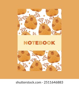 Cover of notebook with hand draw seamless pattern of capybaras with leaves. Vector illustration in flat style. Cartoon cute animal for print.Kids illustration.Page template,planners.