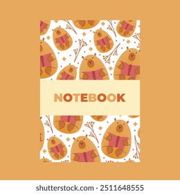 Cover of notebook with hand draw seamless pattern of capybaras with leaves and book. Vector illustration in flat style. Cartoon cute animal for print.Kids illustration.Page template,planners.