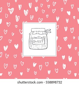 Cover notebook. Hand drawn romantic card Bank of jam on a red background with hearts