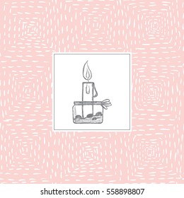 Cover notebook. Hand drawn romantic card Candle in the bank on a pink abstract background
