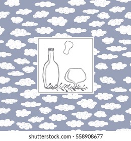Cover notebook. Hand drawn romantic card bottle and glass on a background with clouds