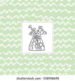 Cover notebook. Hand drawn romantic cardflowers in a vase on a green background plants