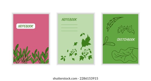 Cover notebook with leaves. Templates drawing natural pattern. Leaves, stroke, pink and green color. Graphic Designe frame for cover, back, poster, card, flyer, banner, brochure, notepad, sketchbook.