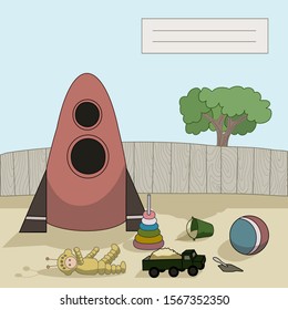 cover of a notebook with a picture drawn on it vintage children's playground on which a rocket stands and toys are scattered around it, a tree grows behind the fence