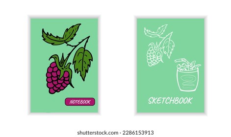 Cover notebook with raspberries. Templates natural pattern. Leaves, branch, green color. Graphic Designe frame for cover, back, poster, card, flyer, banner, brochure, notepad, sketchbook.
