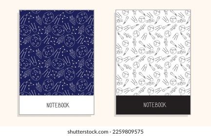 Cover for notebook with space doodle background. Vector illustration.