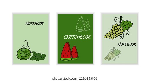 Cover notebook with watermelon, grapes. Templates natural pattern. Leaves, branch, green color. Graphic Designe frame for cover, back, poster, card, flyer, banner, brochure, notepad, sketchbook.
