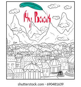 Cover for notepad coloring city and mountains
