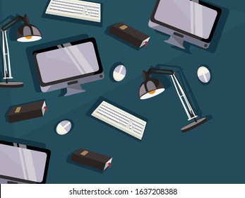 Cover With Office Supplies. On A Blue Background Is A Lamp, Computer Monitor, Computer Mouse, Book. The Cover Is Suitable For Website Coding, Handout.