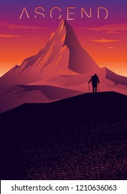 Cover on the theme of climbing, hiking, traveling, trekking, walking. Mountain landscape with the silhouette of a climber