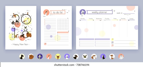 Cover, Organizer And Schedule With Notes And To Do List. The Template Is Decorated With Icons And Drawings Of Dog Breeds. Dog Symbol Of The New Year 2018, Chinese Calendar. Vector Art. Isolated