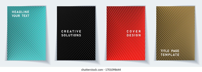 Cover page abstract layout vector design set. Crossed lines dynamic background patterns. Banner templates.  Educational gradient title page graphic collectoin.